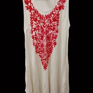 Chic Red Embroidered White Midi Dress
